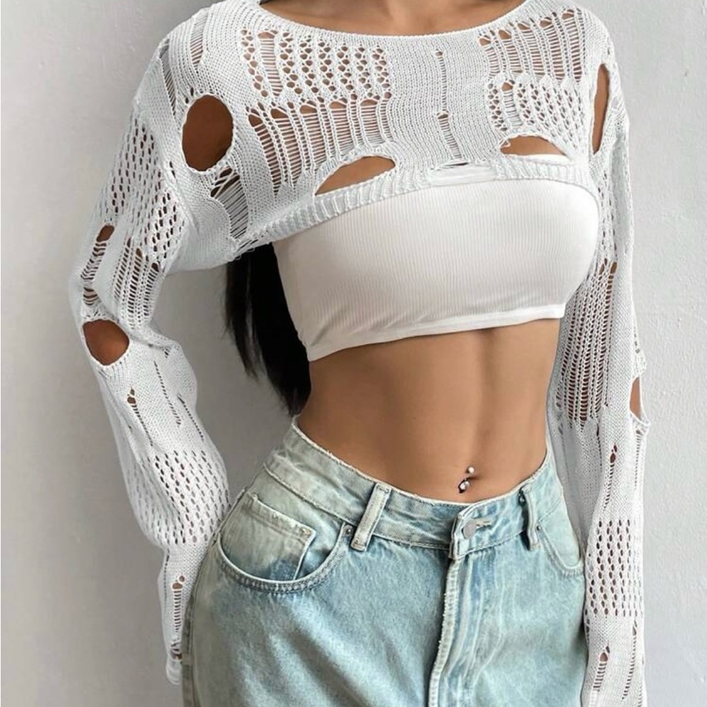 White Cozy Knit Poncho Shrug - Picture 6 of 9